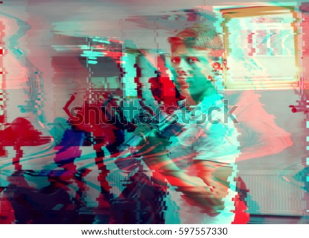 Image of the Glitch Effect boy is engaged in sports fitness in the gym