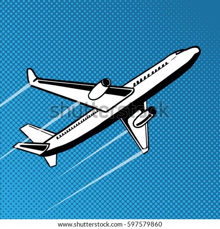 Plane takes off pop art style. Hand drawn comic book imitation vector illustration