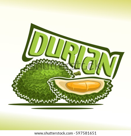 Vector logo Durian Fruit: still life of 2 green fresh thai durians, sliced quarter exotic fruit with flesh of bad smell, abstract icon asian king of fruit with title text for label, isolated on white.