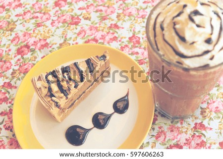 Piece of Coffee Layer Cake on Ceramic Plate Decorated by Chocolate Sauce and Iced Chocolate with Whipped Cream for Menu Background. Copy Space for Text. (Selective Focus), Vintage Style