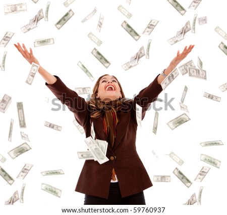Business woman under a money rain - isolated over a white background