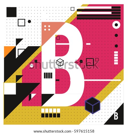 Vector Letter B Memphis style geometrical color outline font. Graphical decorative type. Template for poster design.