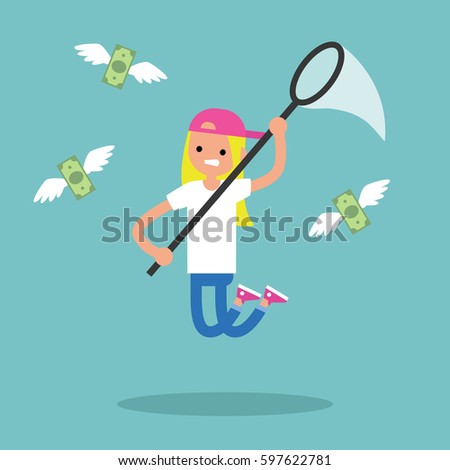 Young blond girl trying to catch money with a nettle. Business concept / flat editable vector illustration, clip art