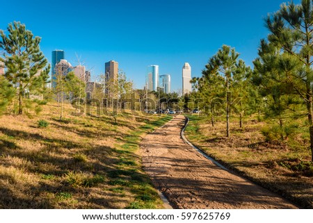 A view of Downtown Houston from Bayyou park