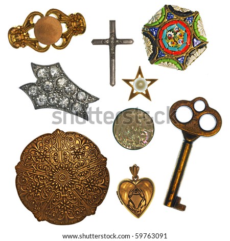 Collage of antique jewelry and trinkets for design element