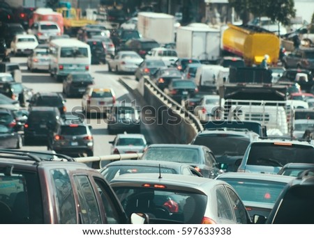 Traffic jam collapse cars on highway Royalty-Free Stock Photo #597633938