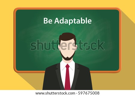 be adaptable white text on green chalkboard illustration with a bearded man wearing black suit standing in front of the chalk board