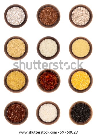 twelve different cereals in wooden bowls, isolated Royalty-Free Stock Photo #59768029