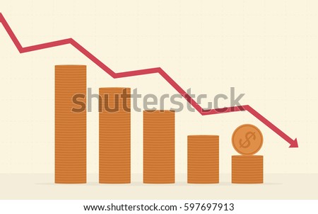 red downward arrow with stack of dollar coin in yellow color background (vector)