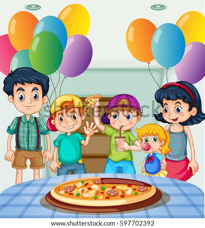 Kids eating pizza at party illustration