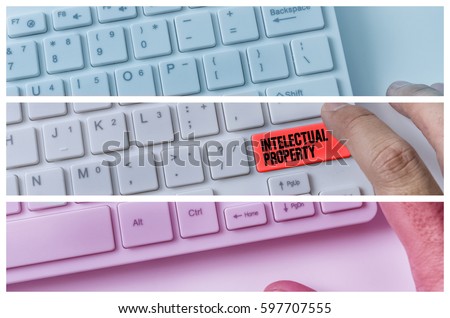 Close up of hand pressing word INTELECTUAL PROPERTY on white keyboard.