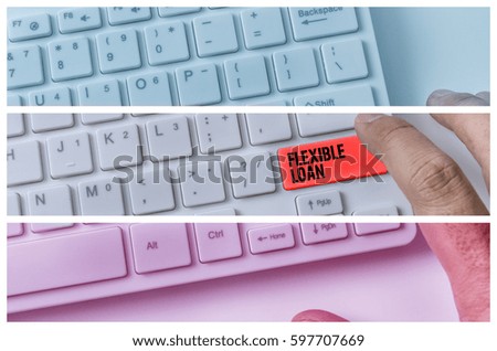 Close up of hand pressing word FLEXIBLE LOAN on white keyboard.