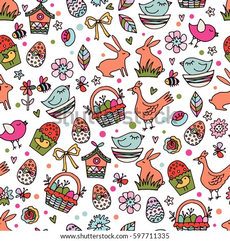 Cartoon hand-drawn doodles on the subject Easter theme seamless pattern. Line art sketch detailed, with lots of objects vector background