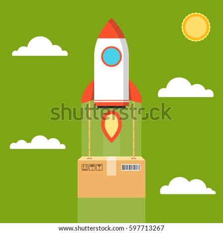 Concept of the fast delivery service. Rocket with the box. Flat vector illustration.
