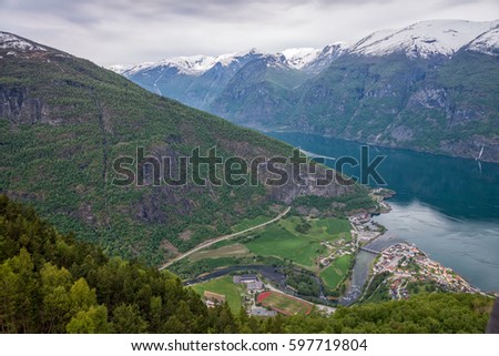 Aurland town from Stegastein lookout, Norway.
