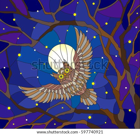 The illustration in stained glass style painting with the owl in the night starry sky and moon in between the branches of the tree