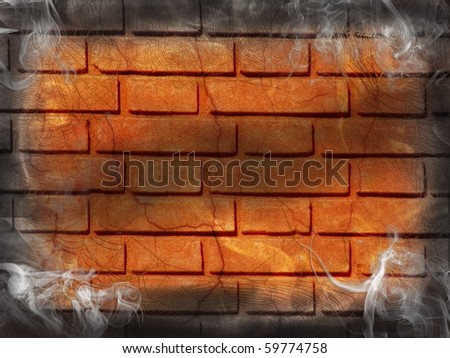 Halloween brick background, template wall with cobwebs and smoke