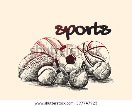 Collection of balls, sports balls, Hand Drawn Sketch Vector Background. Royalty-Free Stock Photo #597747923