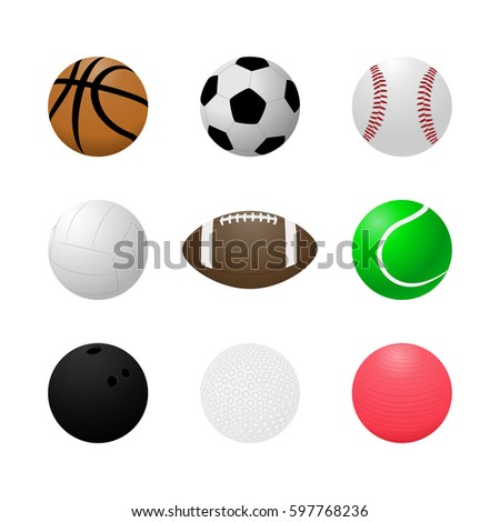 Vector set of sports balls.Icons basketball,football,baseball,volleyball,American football,tennis,bowling,Golf,fitness.