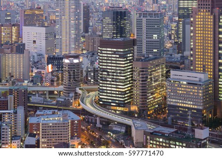 Umeda city business downtown building aerial view, cityscape downtown background