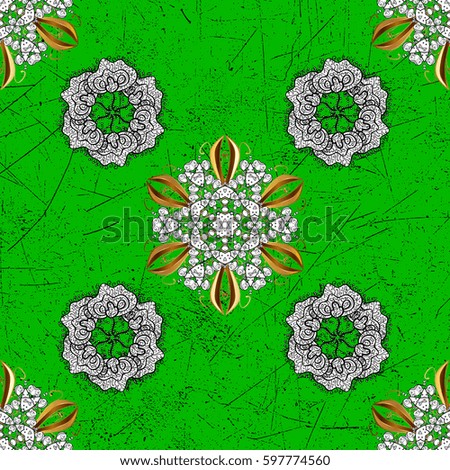 Green background with golden elements. Vector golden floral ornament brocade textile pattern. Golden pattern. Metal with floral pattern.