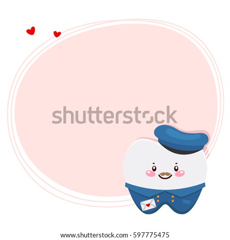 Cute tooth postman, cartoon character, background for Valentine’s day, vector.