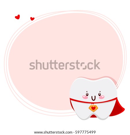 Cute tooth superhero, cartoon character, background for Valentine’s day, vector.