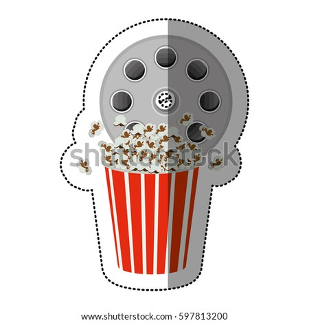 colorful sticker with cinematography tape and popcorn vector illustration