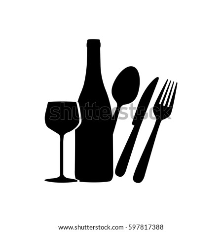 black wine bottle, glass and cutlery icon, vector illustraction design