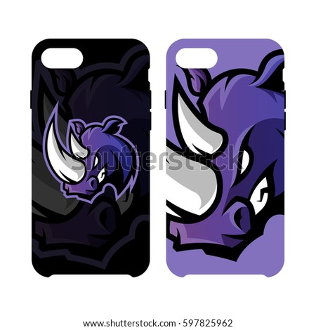 Furious rhino sport vector logo concept smart phone case isolated on white background. Professional team badge design. Premium quality wild animal artwork cell phone cover illustration.