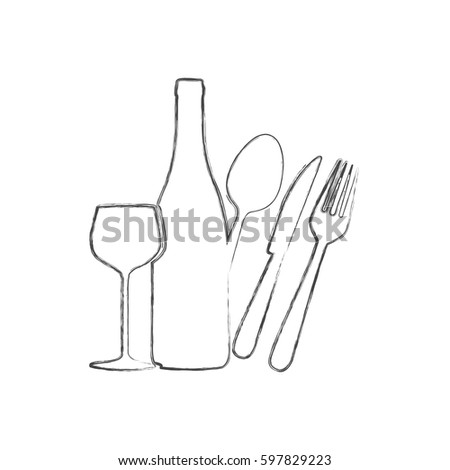 sketch of monochrome blurred contour of glass cup with bottle and cutlery vector illustration