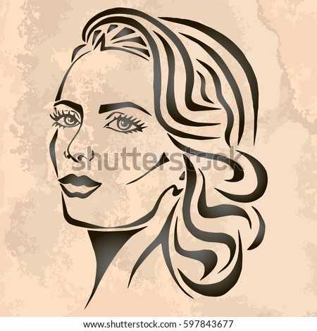 Illustration with outline sketch of cute young woman with long hair on vintage paper. Tattoo design. Makeup and Hairstyle Look.