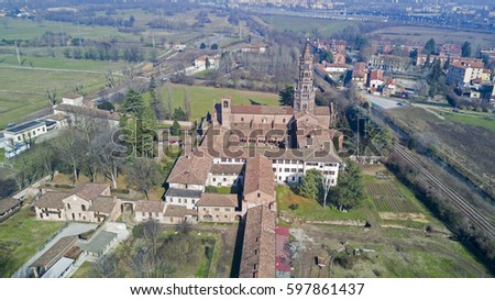 Panoramic view of Monastery of Chiaravalle, Abbey, aerial view, Milan, Lombardy