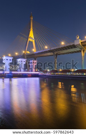 Nigh view over Rama Suspension bridge river front, Bangkok Thialand Landmark