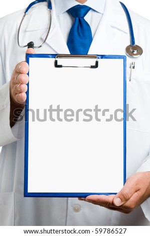 Doctor showing blank clipboard to write it on your personal message or advice