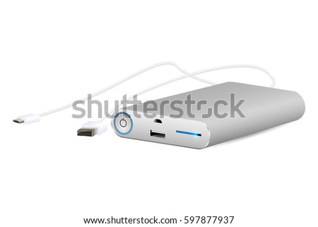 White power bank and usb data cable isolated on white, realistic vector