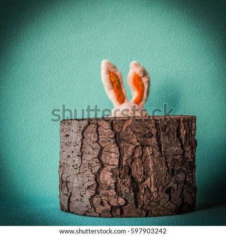 cowardly Easter rabbit hiding behind tree stump. Royalty-Free Stock Photo #597903242
