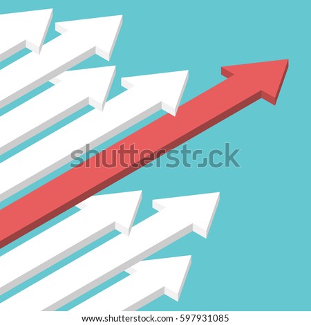 Many isometric white arrows and a red unique one on turquoise blue background. Competition, leadership and uniqueness concept. Flat design. No transparency, no gradients