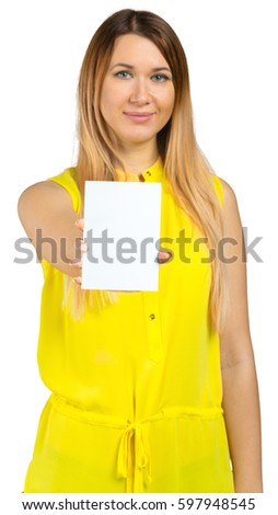 Beautiful young woman holding blank card. Isolated on white background 