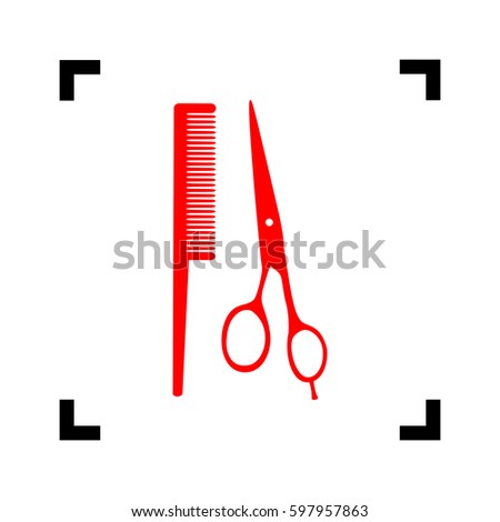Barber shop sign. Vector. Red icon inside black focus corners on white background. Isolated.