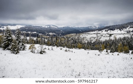 Snow layer over Romanian Carpathians with green meadows. Late autumn with clouded sky, snowed hills and valleys in the Carpathian Mountains of Romania.