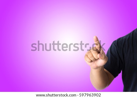 A man with casual wear touch with a finger isolated over purple background with copy space for add word text title or logo.