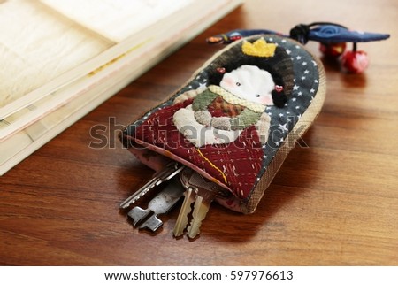 Quilting product. Key ring of quilt. Homemade Japanese quilt. Japanese handcraft. Signed property release. Selective focus and toned image.