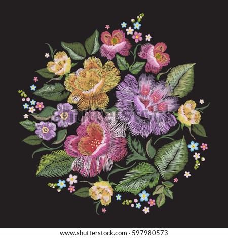Embroidery colorful trend floral pattern. Vector traditional folk roses and forget me not flowers bouquet on black background for design