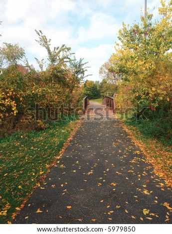            A picture of a trail leading across footbridge in autumn