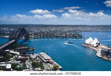 Sydney harbour opera house and downtown panoramic view from bird fly high