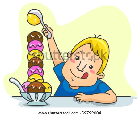 A Kid Playfully Stacking Ice Cream Scoops on His Bowl - Vector