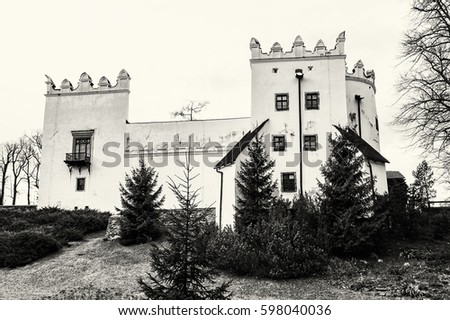 Beautiful chateau Strazky, Slovak republic. Cultural heritage. Architectural theme. Black and white photo.