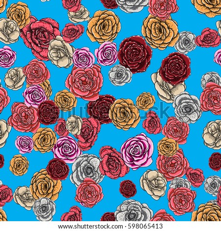 Roses bloom heads, seamless pattern. Endless handdrawn repetition. Vector.