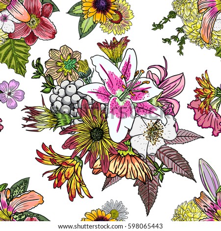 Seamless tropical exotic and domestic home flower pattern background. Endless background with petunia, coneflower, Aster, and chamomile flowers blooms and leaves. Drawing vector.
